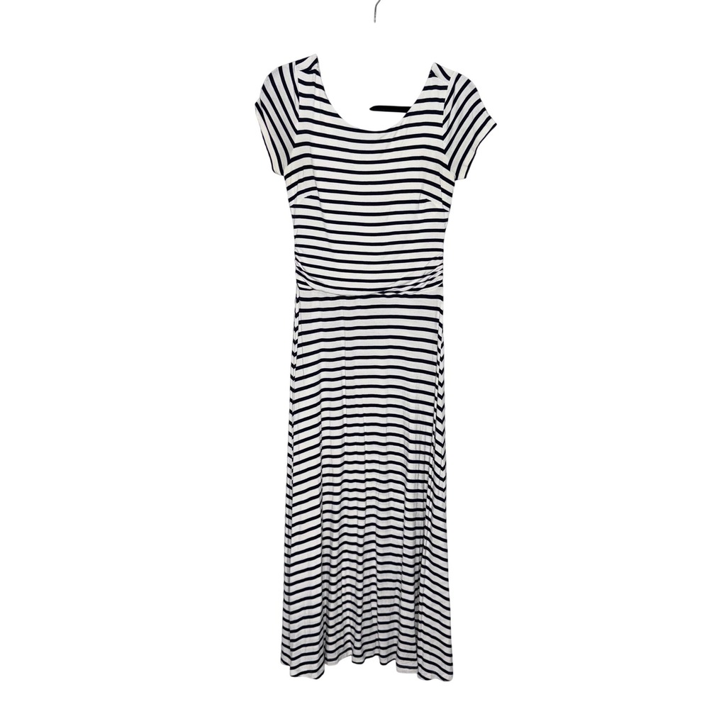 Boden Maxi Dress Women White Black Striped Excellent Short Sleeve Ruched Waist